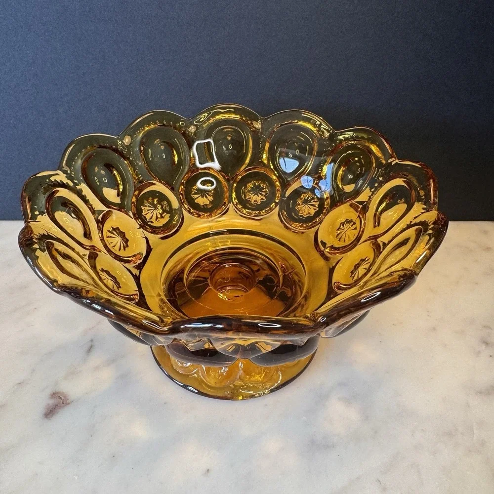 LE Smith Amber Glass Moon & Stars Pedestal / Bowl ~ Brass Arch Holder Stand